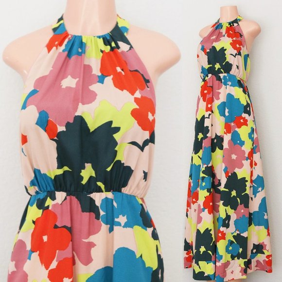 Jessica Simpson Vibrant Bold Colorful Floral Halter Neck Boho Long Maxi Dress 4 - Picture 2 of 16